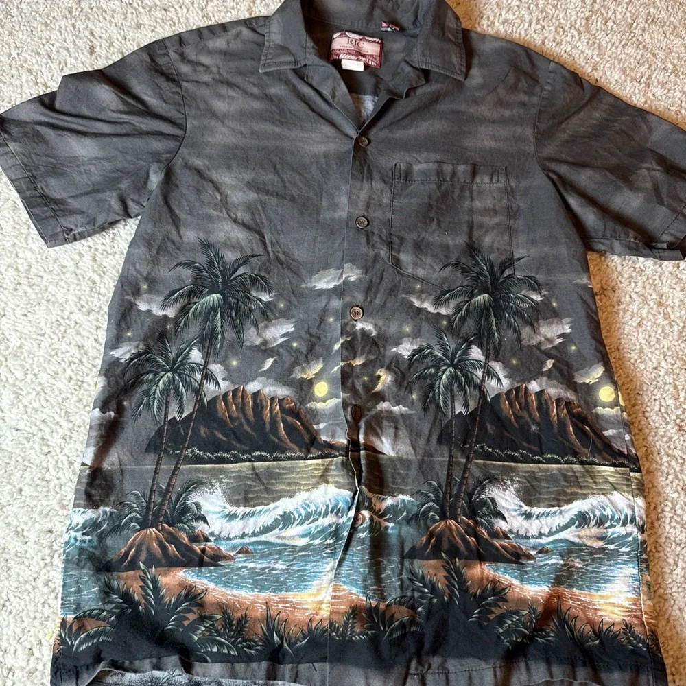 RJC Shirt Mens M Gray‎ Hawaiian Aloha Made in Hawaii USA Beach Palm Ocean Print